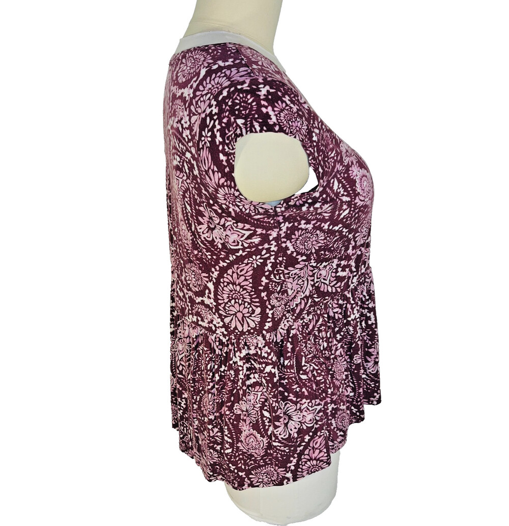 Faded Glory Top Womens XL Short Sleeve Blouse Burgundy Cottage Print Peplum Hem - Picture 5 of 13